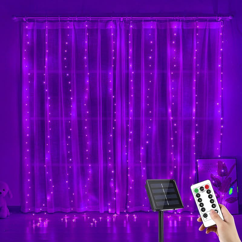 YUANYUYING Solar Curtain Lights, 3m x 1m 100 LED Outdoor Waterfall Lights with Remote & Timer, 8 Modes Cuttable, IP65 Waterproof for Garden, Gazebo, Wedding, Party Decor (Purple)