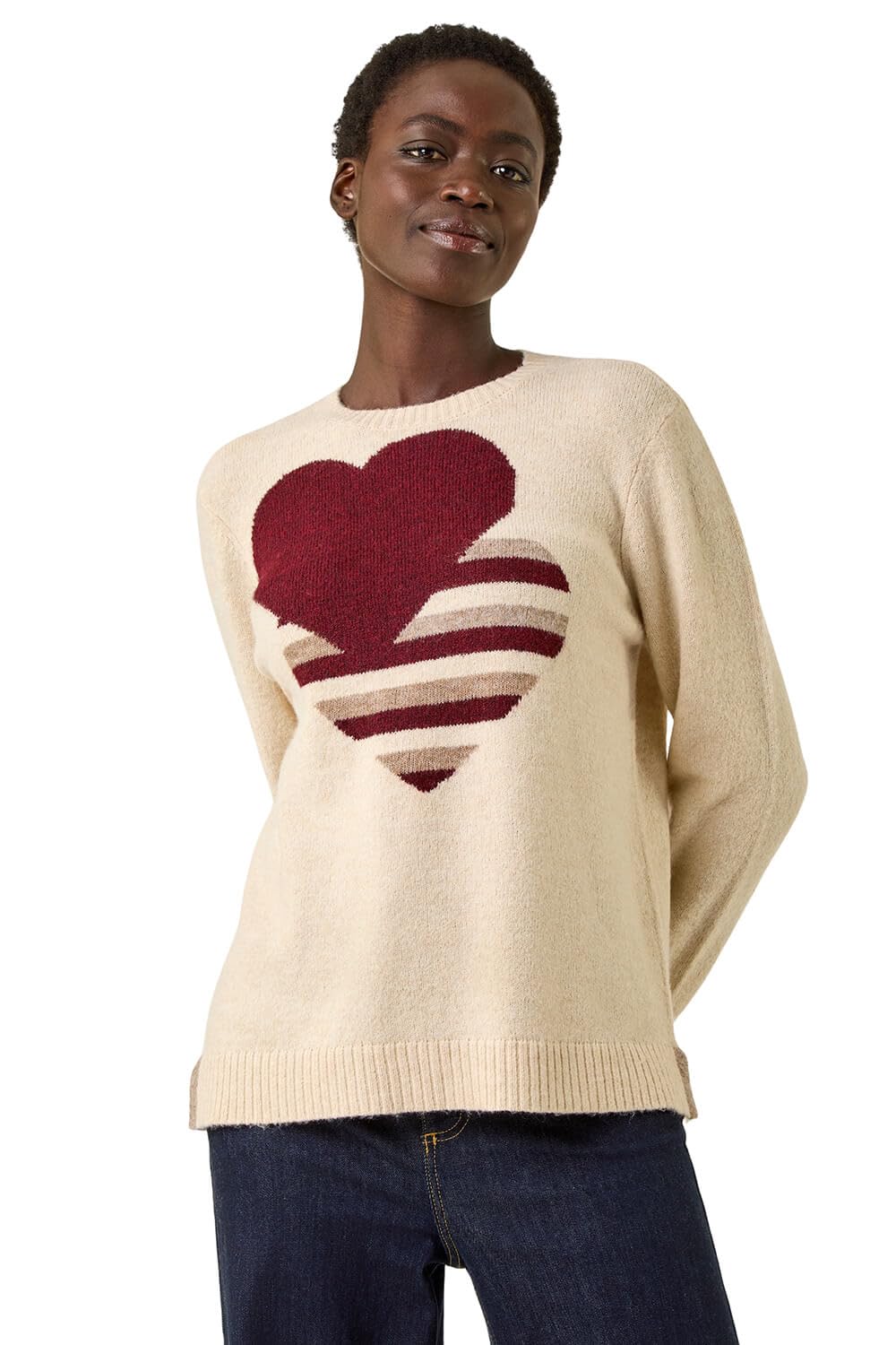 Roman Originals Women's Ivory Crimson Thick Jumper For Uk - Winter Autumn Smart Casual Knit Knitted Knitwear Pull-On Round Crew Neck Long Sleeve Work Office Dinner Party