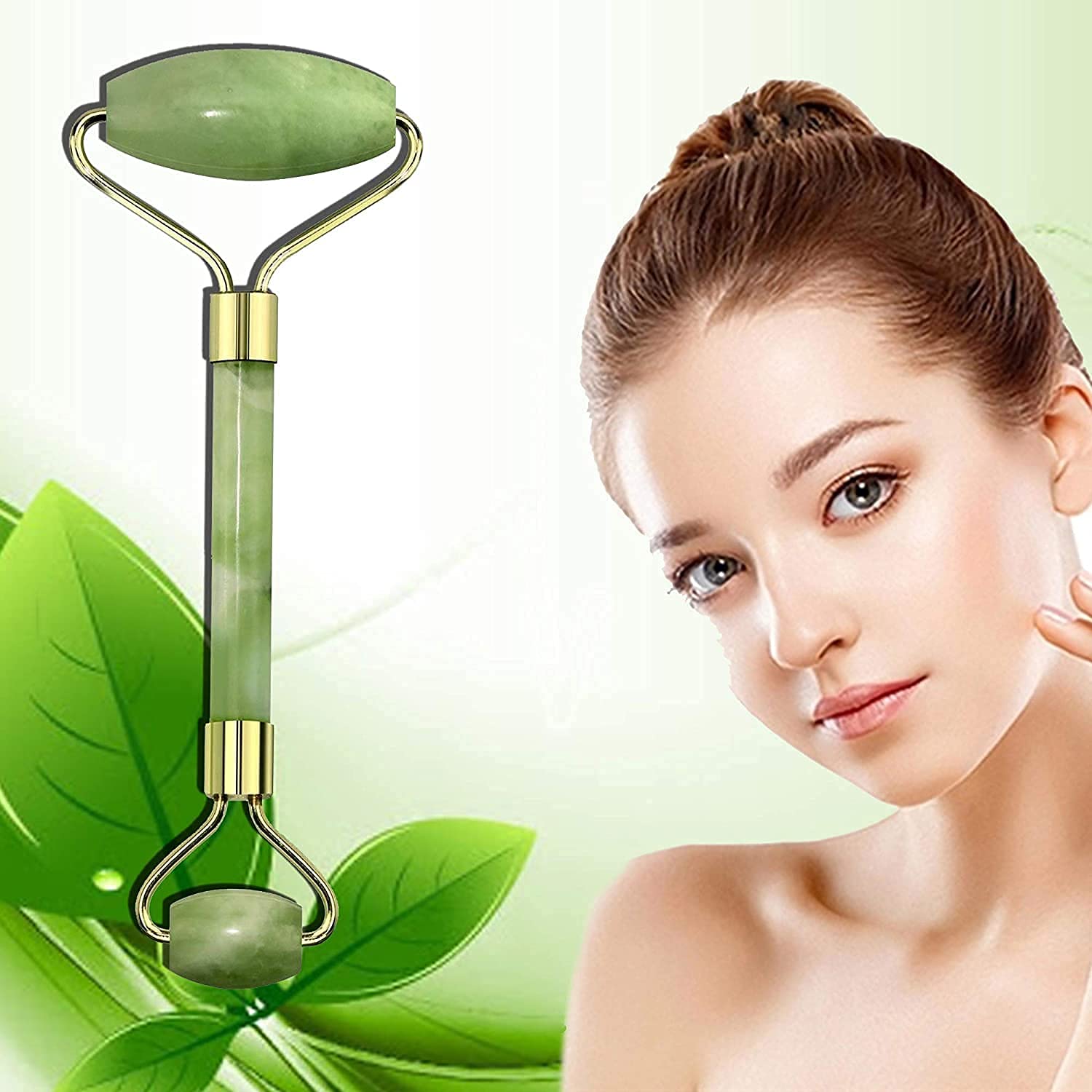 Miss Hot Green Facial Massager Jade Roller & Gua Sha Tool 100% Natural Himalayan Stone for Face Neck Healing Skin Wrinkles & Serum Application
