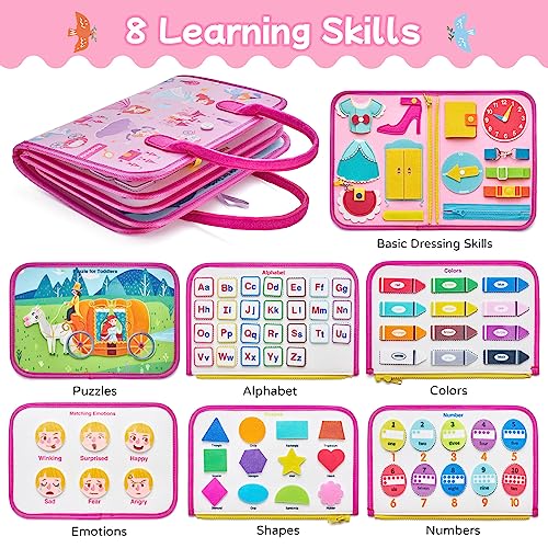 Image of Freebear Deluxe Pink Princess Quiet Book Sensory Board for Toddlers 1-4, Montessori Educational Toys for Girls, Travel Toys with Activities