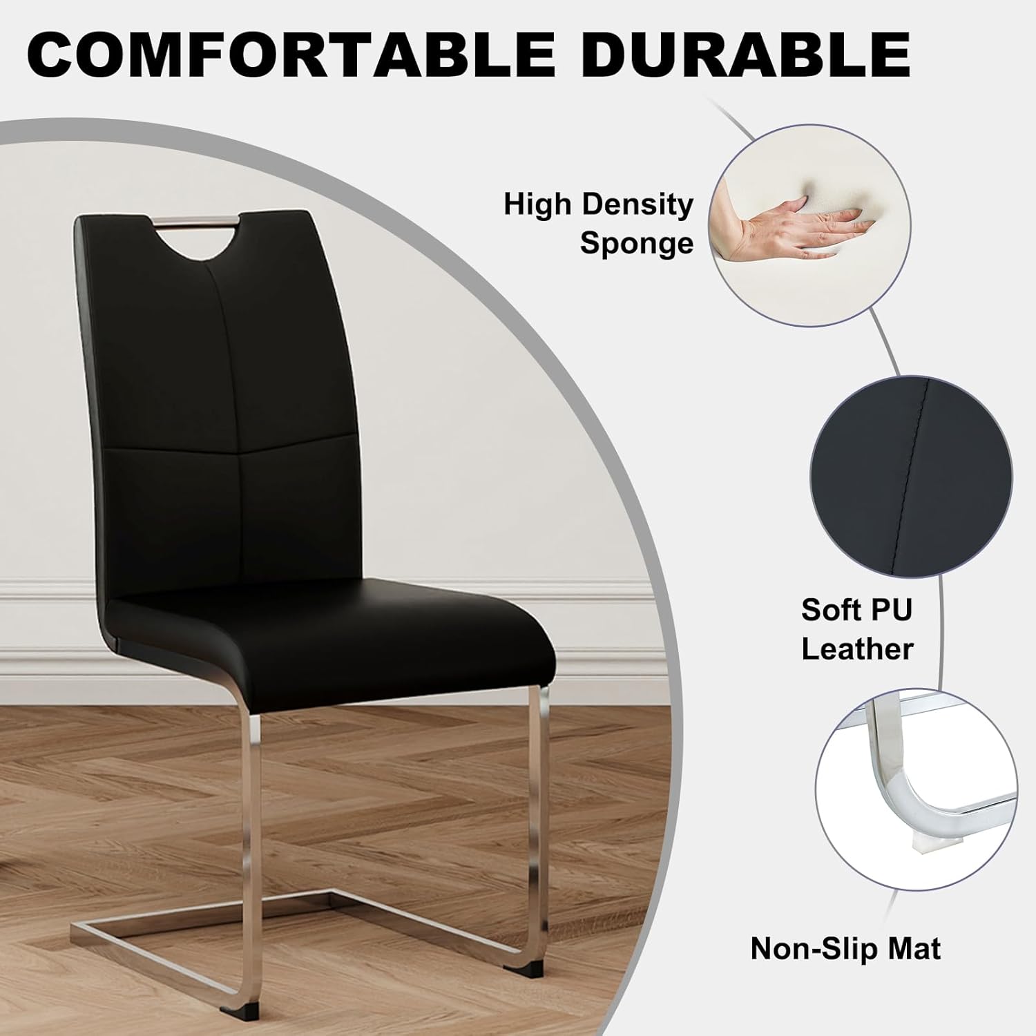 51.18" W Glass Dining Table Set for 4, Modern Rectangular Glass Kitchen Table with Sliver Metal Legs, 4 PU Leather Chairs with Silver Legs, for Dining Room, Home - Black