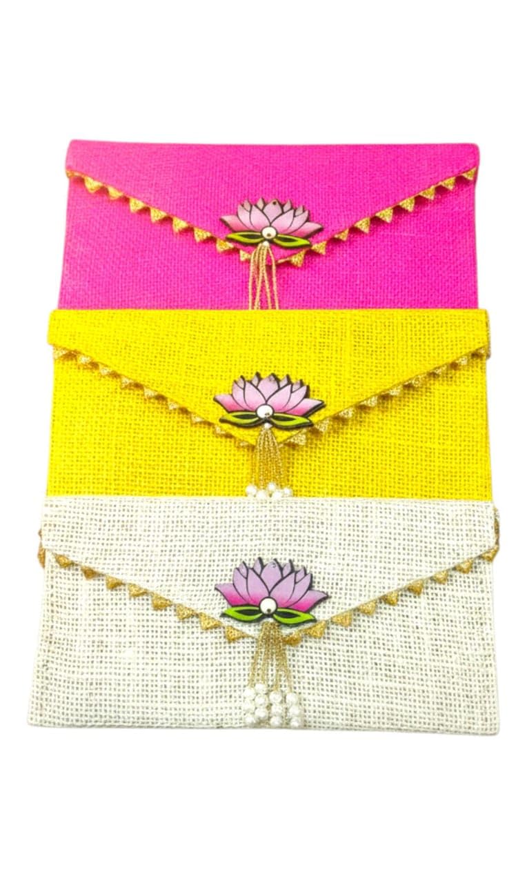 KOOGLY Jute Shagun Envelope for Money and Shagun Envelopes for Wedding,Birthday,Gifting For Birthdays and Functions | Multicolor|Pack of 3|