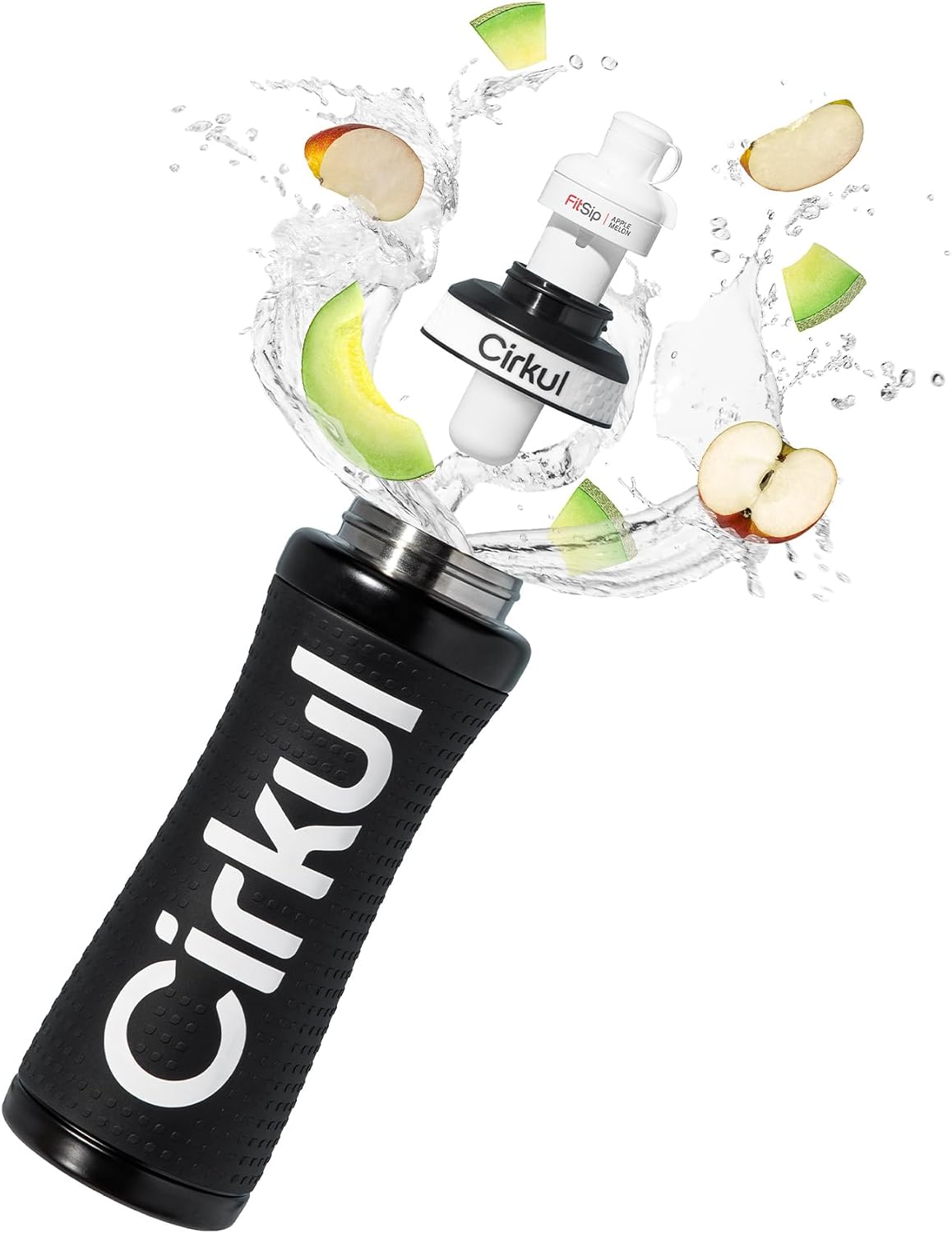 Cirkul 22oz. Black Grip Stainless Steel Water Bottle & Sport Lid, Durable, Insulated, Protective Grip, Leakproof & Heavy Duty with Flavor Cartridge Included (FitSip Island Punch)