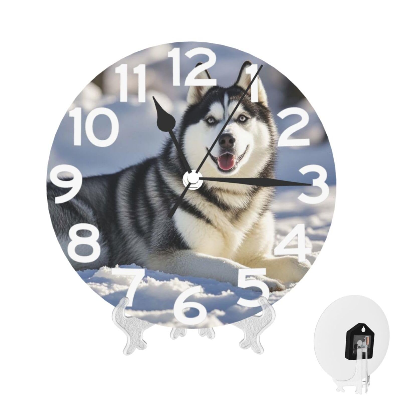 XOPEKVLAWM Wall Clock 10 Inch Non-Ticking Silent Modern Simple Style Round Decor Clocks Adorable Huskies Clock Decorative Battery Operated Wall Clocks for Home Office Living Room