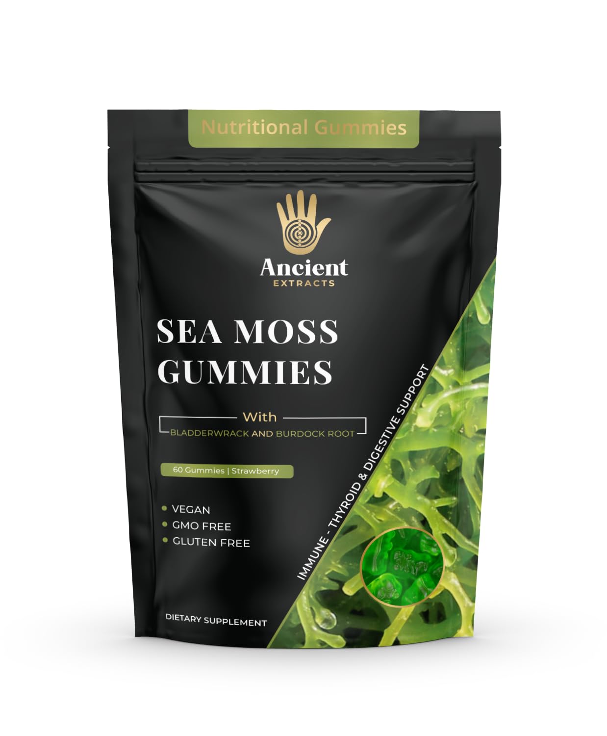 Ancient Extracts Sea Moss Gummies with Bladderwarck and Burdock Root - Immune System Booster, Supports Thyroid and Digestive Health - Vegan, Gluten Free, GMO Free Irish Seamoss Apple Flavour Gummy