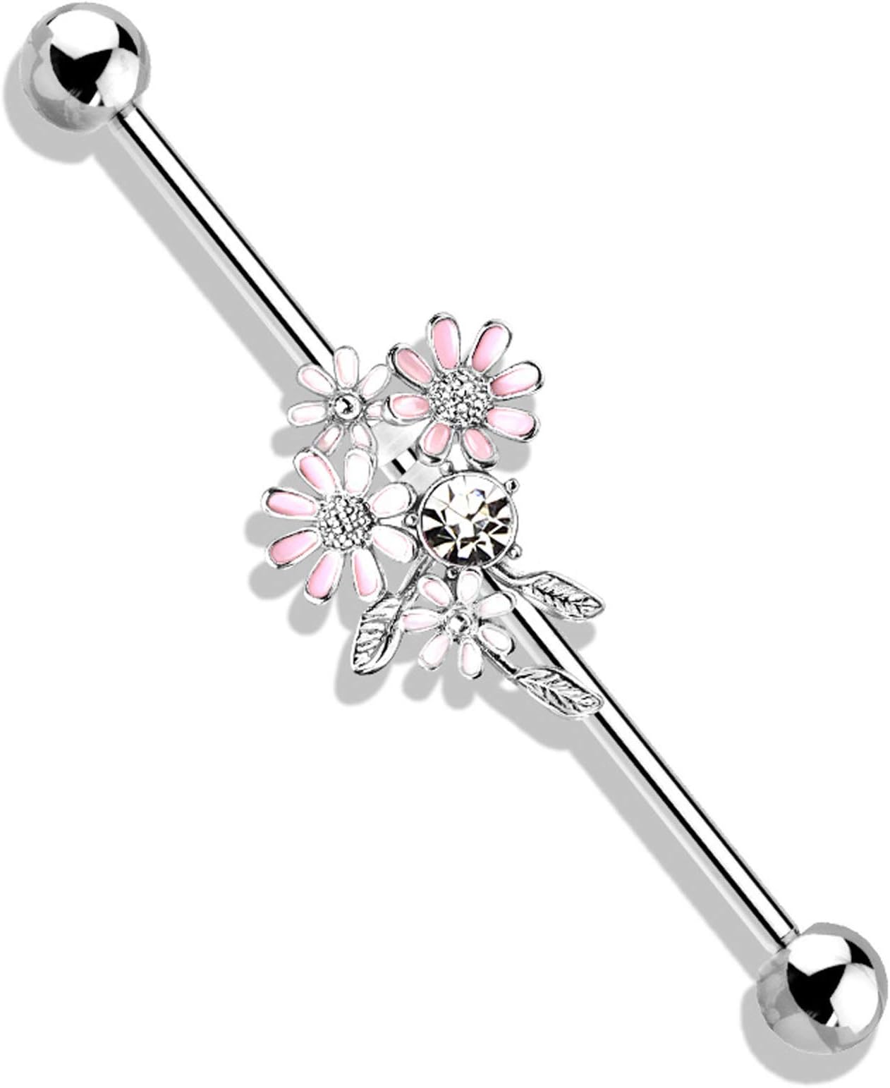 Industrial Scaffold Piercing Barbell 14Gauge / 1.6mm x 38mm Cartilage Earring Jewellery White & Pink Enamel Flower Bouquet 316L Surgical Steel with Clear Gems