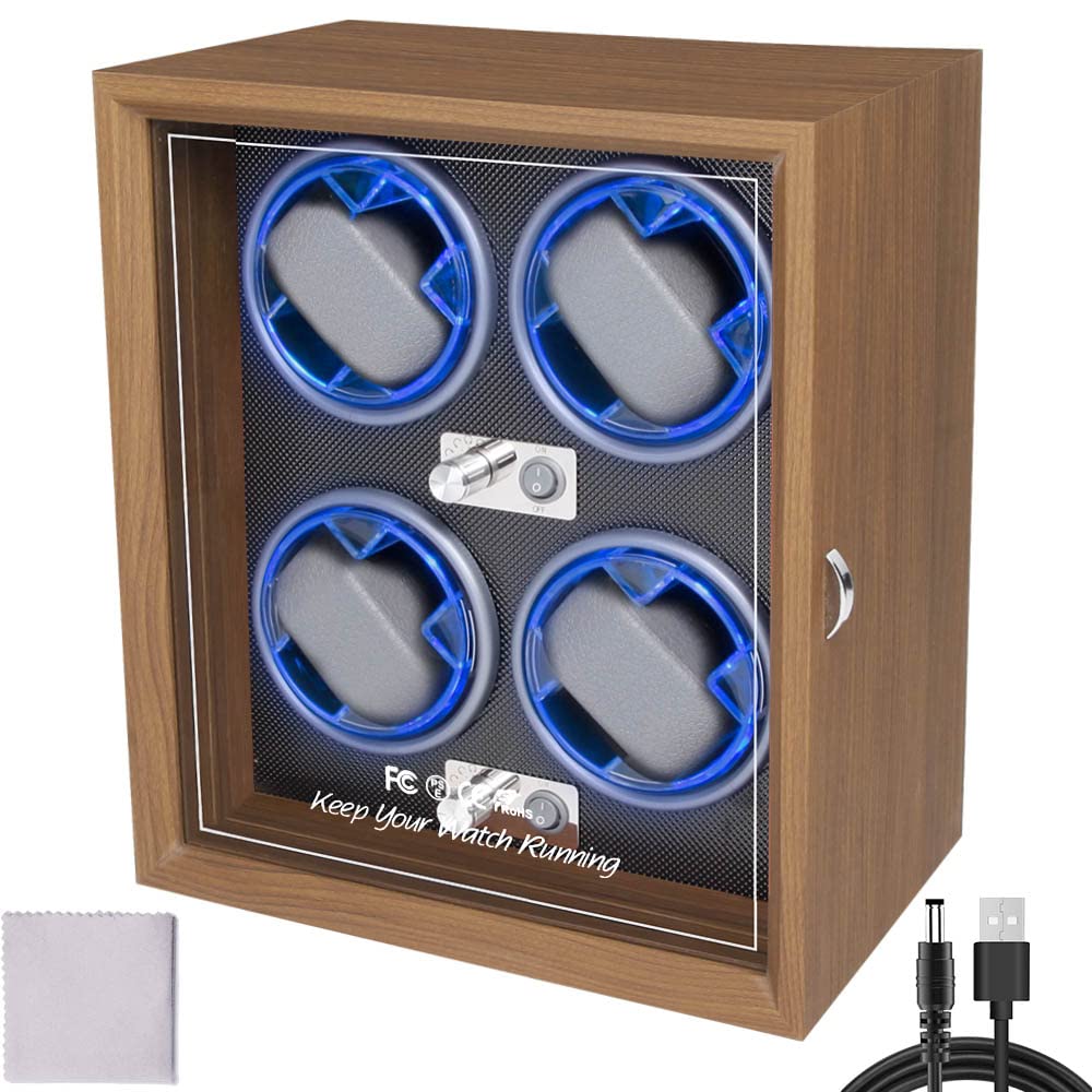 Automatic Watch Winder with LED Light Soft Flexible Watch Pillow AC Adapter Quiet Motor 4 Rotation Modes 4 Slots