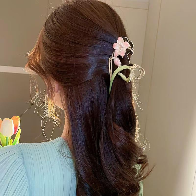 Pinza para cabello metálica floral con diseño de lirio rosa miniatura 5