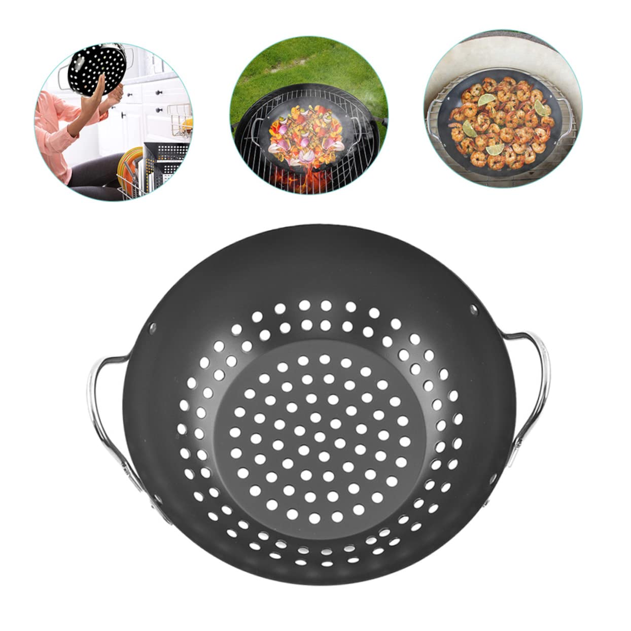 Sosoport Cestello per Barbecue in Acciaio al Carbonio Nero Rivestimento Antiaderente e Doppia Maniglia, Design a Grandi Fori per Grigliate All’aperto in Casa