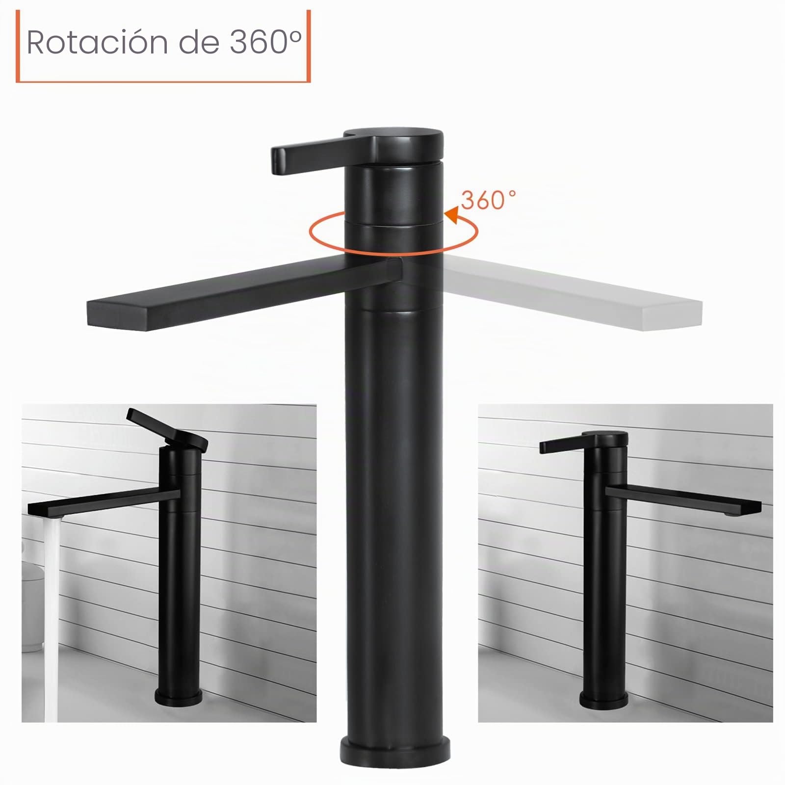 Grifo de lavabo Baño Negro Mate Alto Caño Grifo Lavabo Monomando de Agua Fría y Caliente con Aireador Desmontable SHANFO M3OK-T