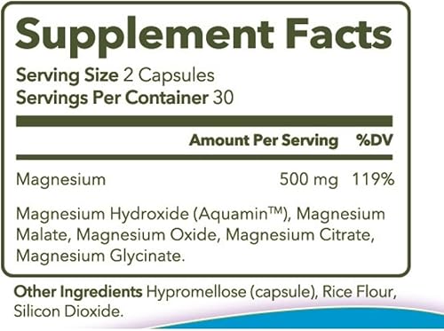 Miniatura 7 de Complejo de magnesio 60 cápsulas energía 4 en 1, estado de ánimo, sueño, apoyo digestivo con aquamina, suave al estómago, fórmula de alta absorción