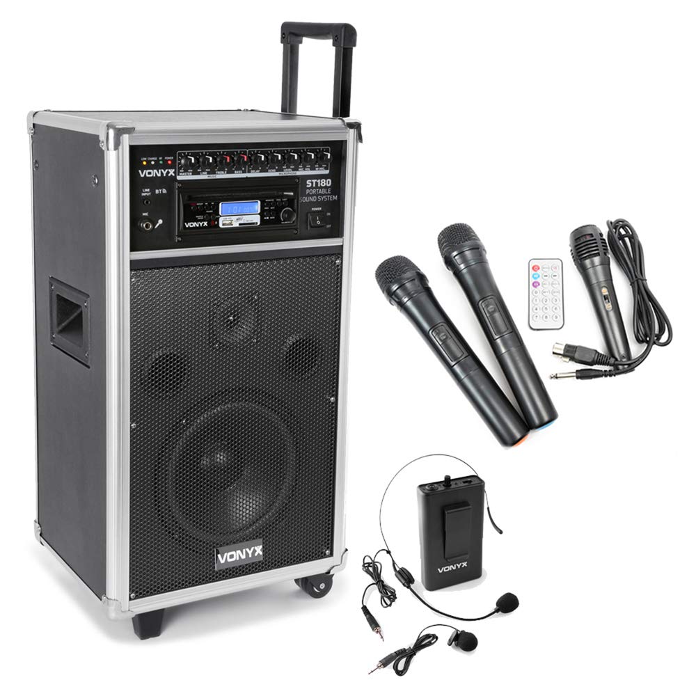 VONYXST180 Portable PA System 450W Bluetooth Speaker with Wireless Handheld, Headset & Lavalier Microphones, CD MP3 Player and Battery-Powered Operation