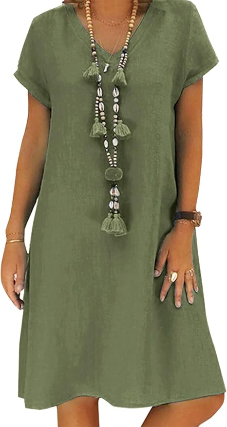 Damesjurk Zomer Linnen Jurken Casual V-hals Midi Jurk Korte Mouw A-lijn Jurk Zonnejurk Tuniek Jurk Zonder Accessoires, Groen, M Damesjurk Zomer Linnen Jurken Casual V-hals Midi Jurk Korte Mouw A-lijn Jurk Zonnejurk Tuniek Jurk Zonder Accessoires, Groen, M