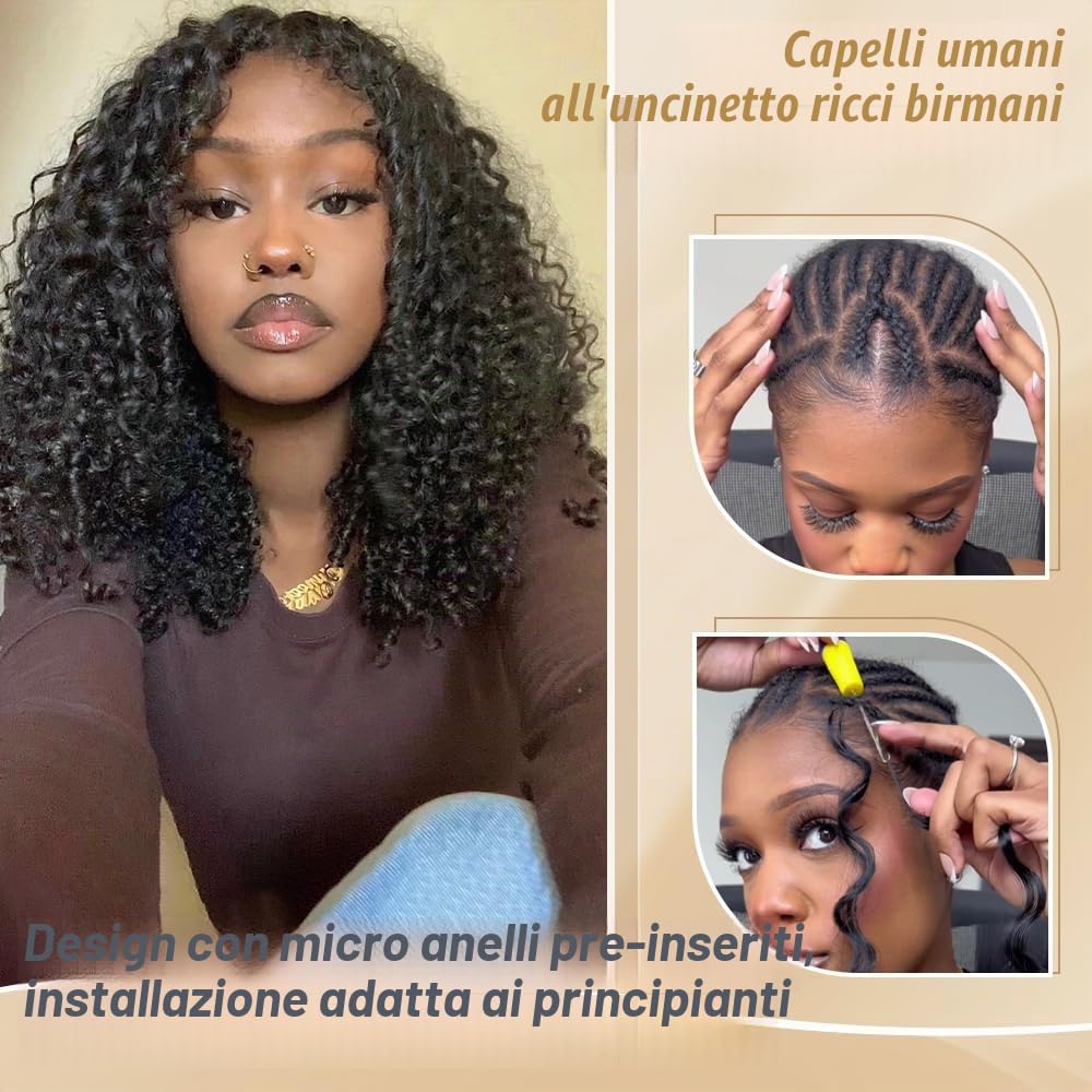Renyarch Feather Crochet Human Hair - Extension Capelli Veri Burmese Curly Pre-Separati per Donne Nere, 2 pezzi 50g Crochet Braids Water Wave Nodi Invisibili, 16 pollici 1B Nero Naturale