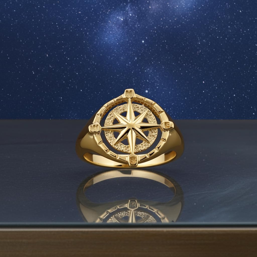 LA BLINGZ Gold Compass Ring for Women North Star Compass Rose Open Signet High Polished 10K 14K Yellow or White gold