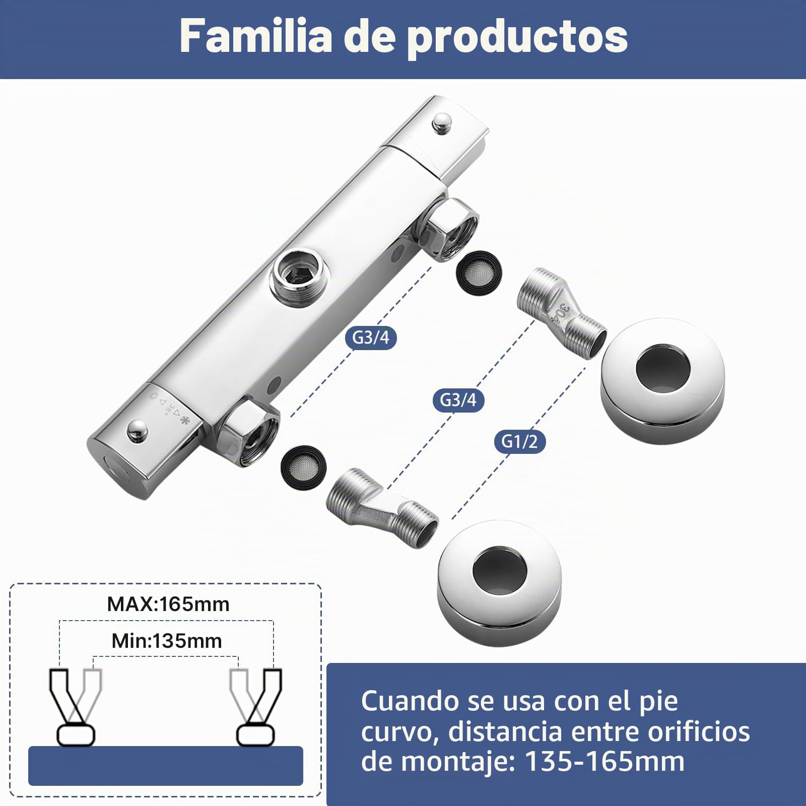 Barra mezcladora termostática para ducha, salida superior de 3/4 pulgadas BSP, válvula mezcladora termostática de latón a 38 °C, antiquemaduras, con adaptador de tubo BSP de 3/4 pulgadas a BSP de 1/2