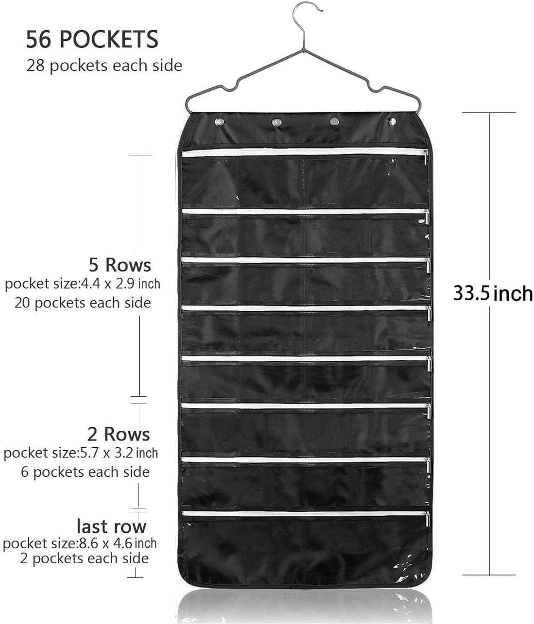 Hanging Jewelry Organizer 56 Pockets with Zipper, Dual-Sided 56 Clear Pockets for Earrings Necklace Bracelet Ring Accessory Display