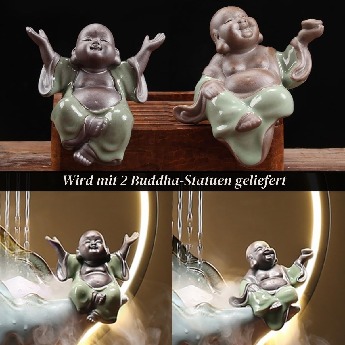 Buddha Deko Wasserbrunnen Wasserfall LED Indoor Deko Springbrunnen für Meditation mit japanischer Dekoration mit gefälschten Pflanzen Feng Shui Dekoration für Glück Reichtum