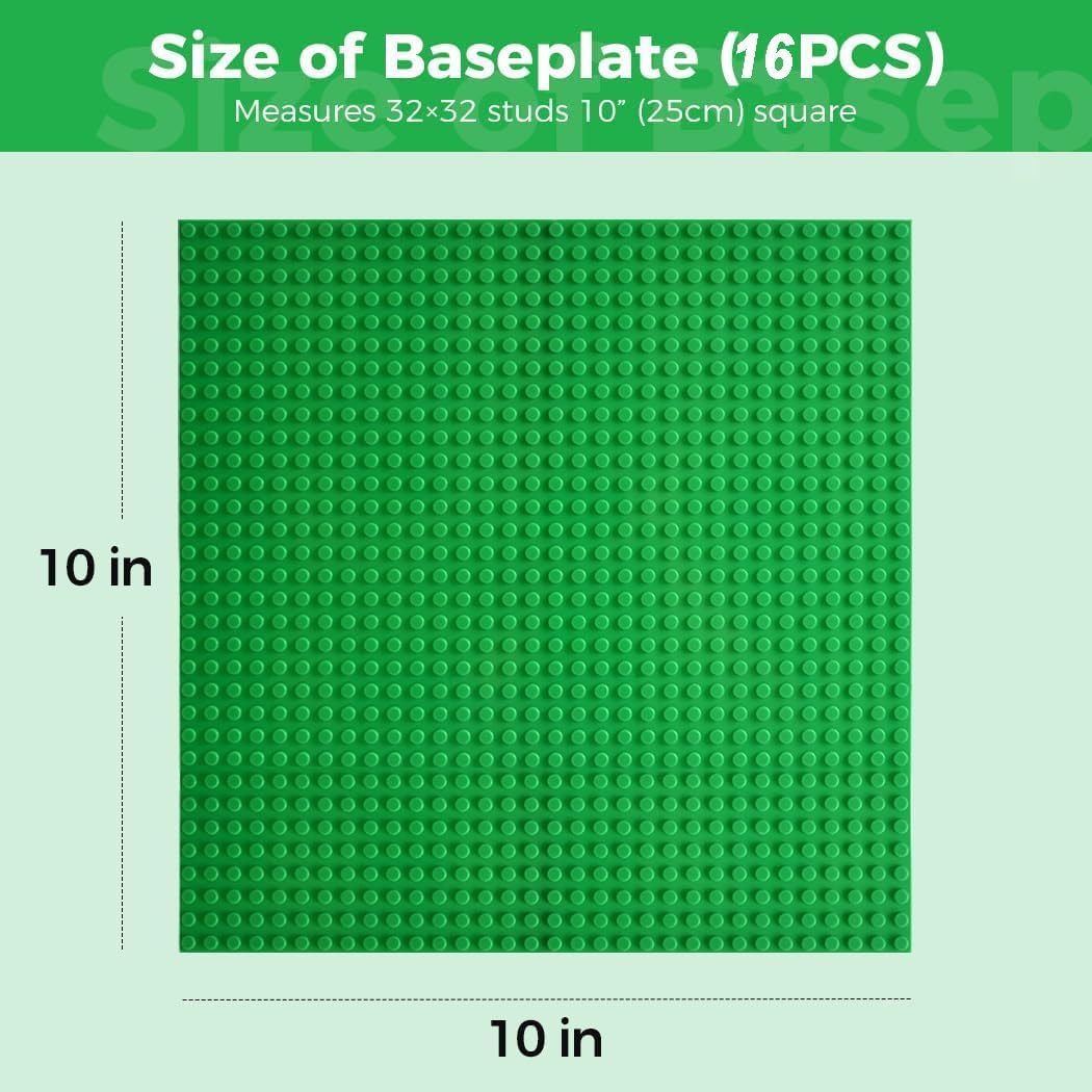 Classic Baseplates Building Plates-10" x 10" Building Boards,100% Compatible with All Major Brands and Activity Table, Creative Platforms Mats for Toy Bricks (Green-16, 16 Pack)