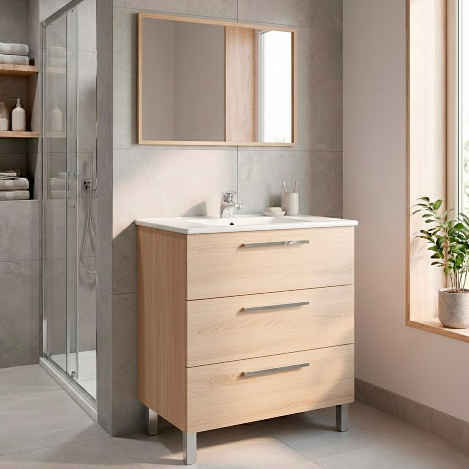 Mobile Bagno A Terra Con 3 Cassetti Lavabo In Ceramica E Specchio 77 x 50 Cm Inclusi Design Moderno Salvaspazio Elegante E Funzionale 80 x 45 x 86 Cm (Rovere Chiaro)