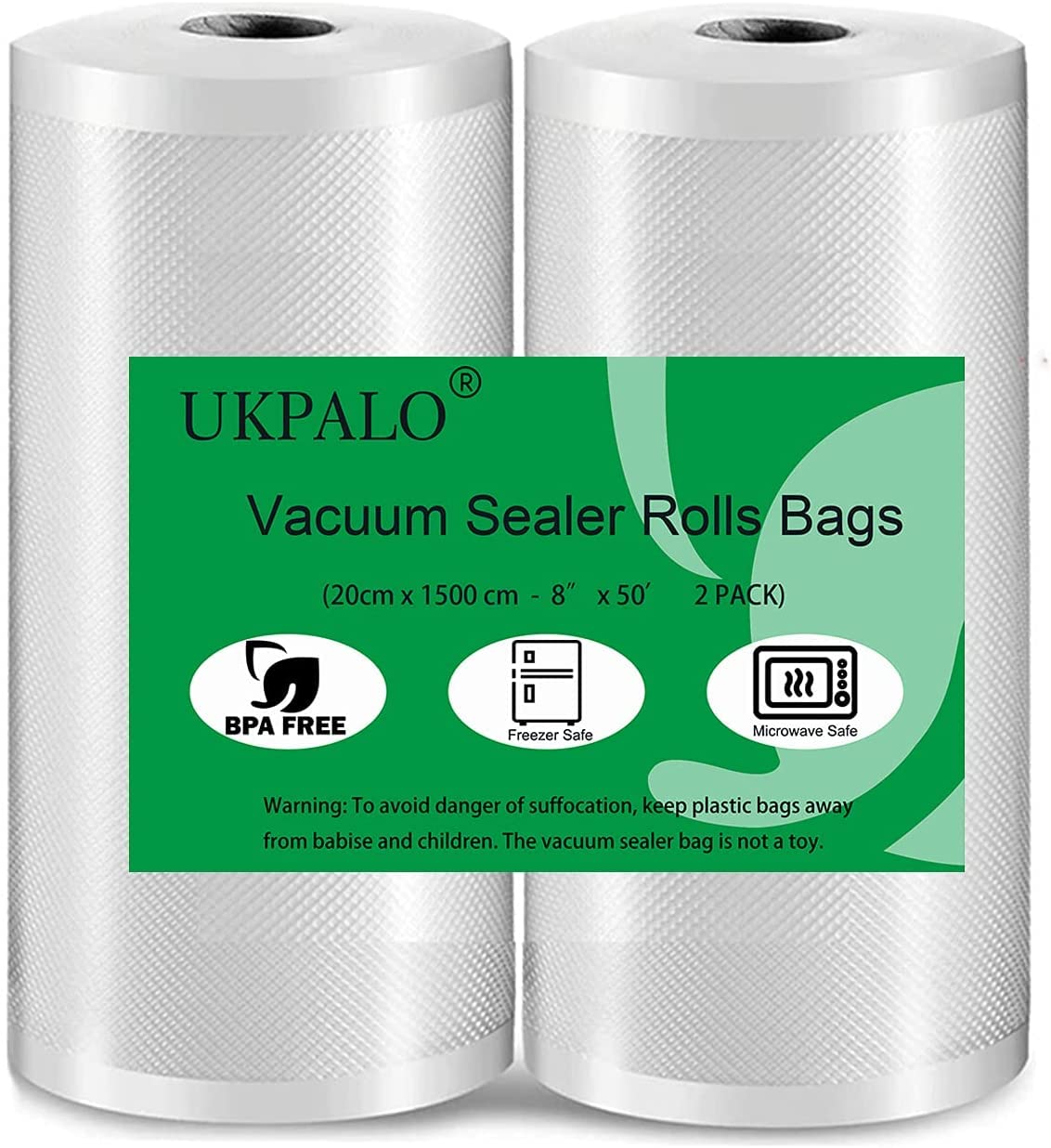 UKPALO 2 Pack 20cm x 1500cm Vacuum Sealer Bags Rolls (Total 30m), 4 mil Thicken Food Save Vacuum Sealer Bags, BPA-Free Vacuum Seal Rolls, Great for Vac Seal Storage and Sous Vide