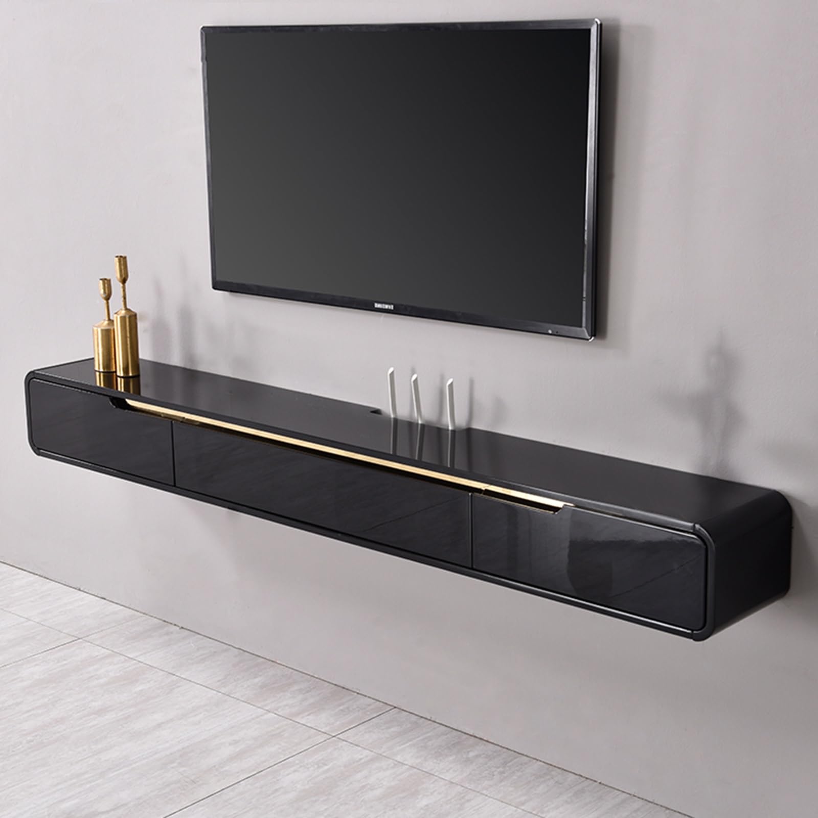 Schwimmende TV-Konsole, Wandhalterung, Media-Entertainment-Center mit Schubladen und Gaming-Aufbewahrung, Wandmontage, TV-Ständer, Regal, Schrank für Zuhause, Schwarz, 180 cm