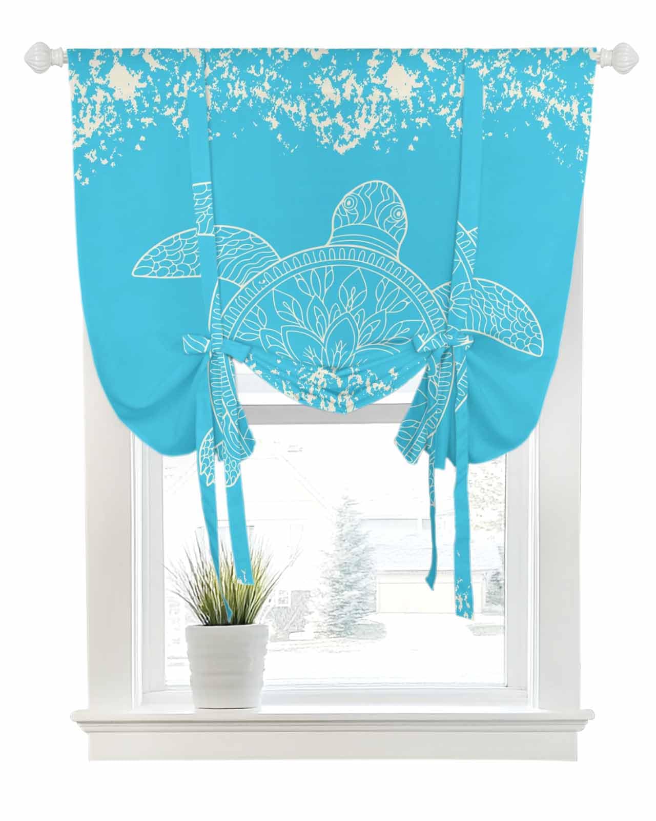 Tie Up Curtains for Windows Classic Ocean Turtle on Blue Rod Pocket Tie-Up Window Shade Adjustable Balloon Curtain Valance Vintage Marine Life for Bedroom Kitchen Bathroom Blinds,42x45in