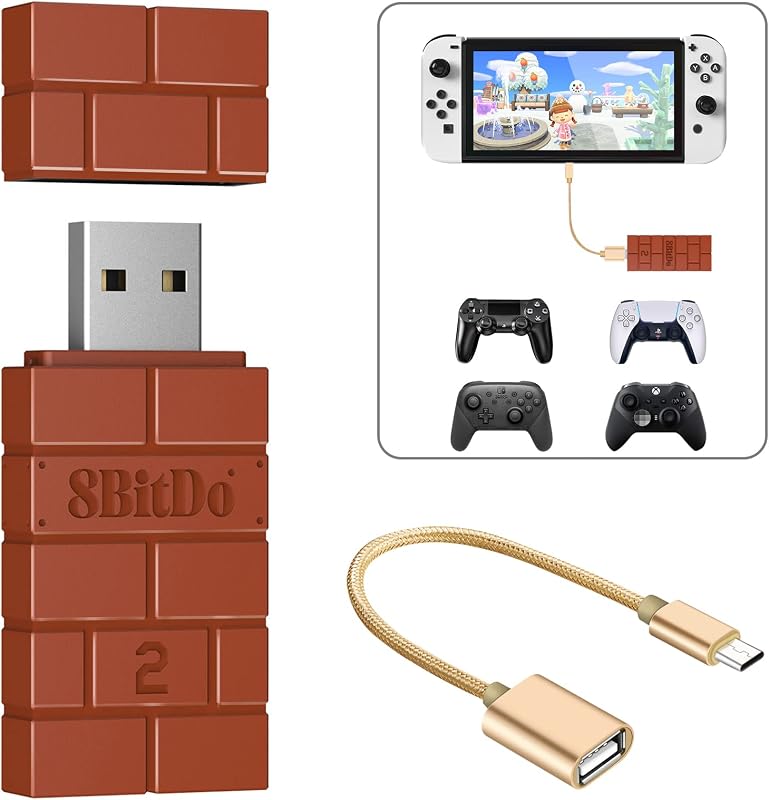 8BitDo USB Wireless Adapter 2 Converter Dongle for Switch 2/Switch LCD/OLED | Work with Windows,Raspberry Pi, PS5/PS4/PS3 Controller,Xbox Series X/S,Xbox One Bluetooth Controller-OTG Cable (Brown)