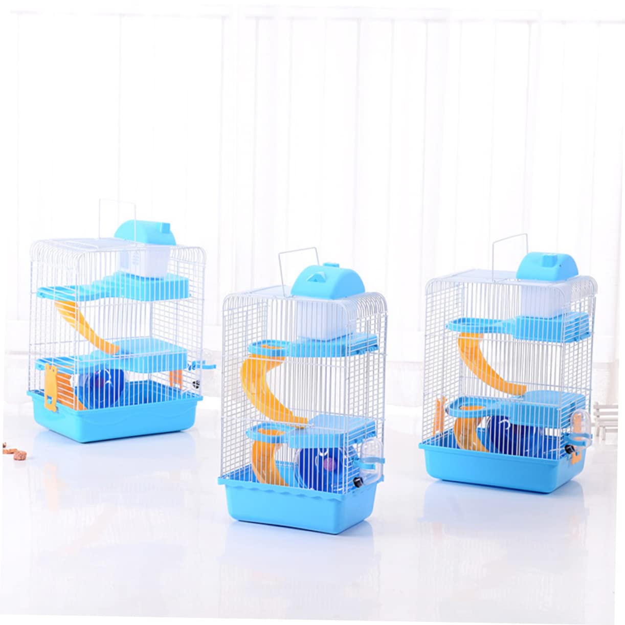 Dreistöckiger Hamsterkäfig Villa Käfig aus Pp und Eisen | 23 X 17x45cm, Blaues Haustierhaus mit Laufrad und Auslaufsicherer Trinkflasche