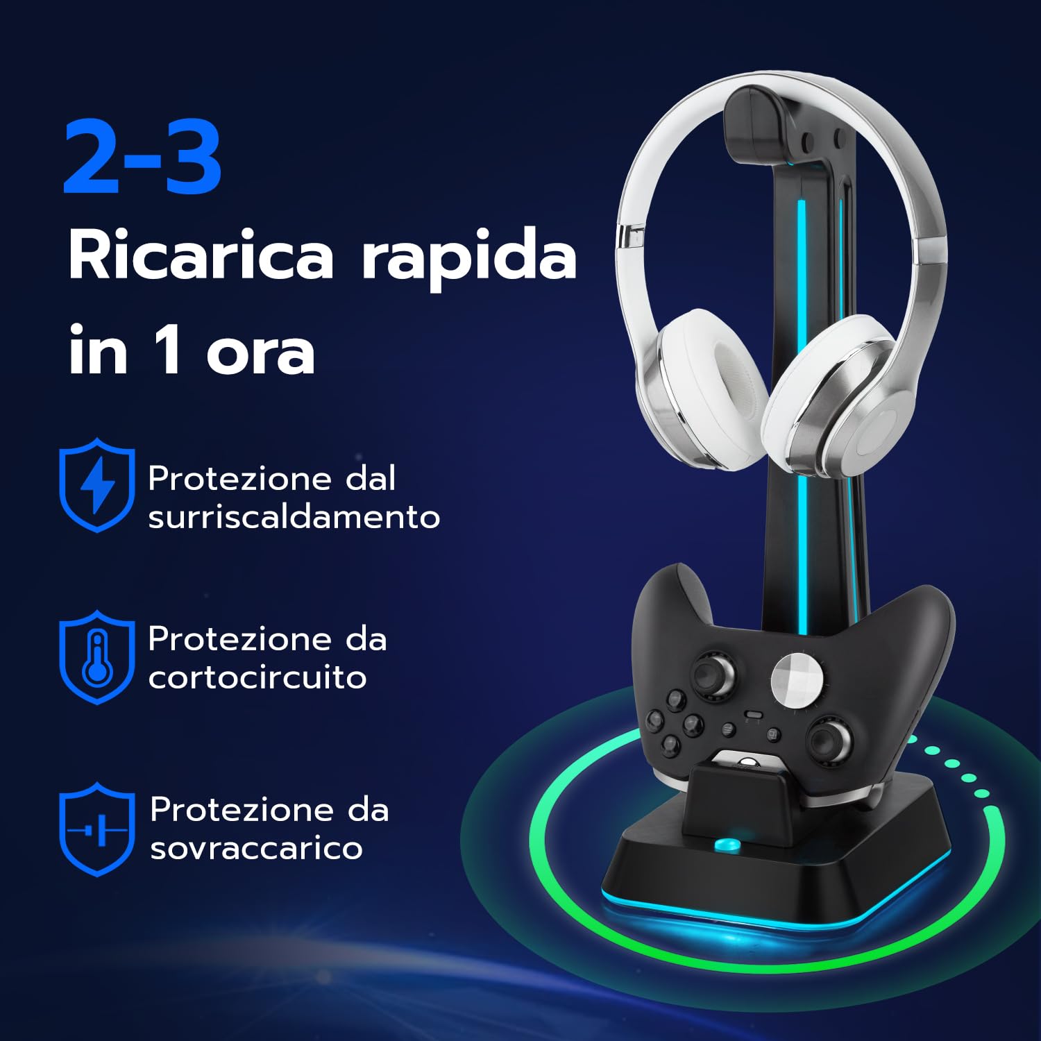 Wigearss Stazione di Ricarica, Caricatore per Xbox Series X/S, Xbox Elite 1/2, Xbox One, Xbox One X/S Controller DualSense con Supporto per Cuffie, Illuminazione RGB