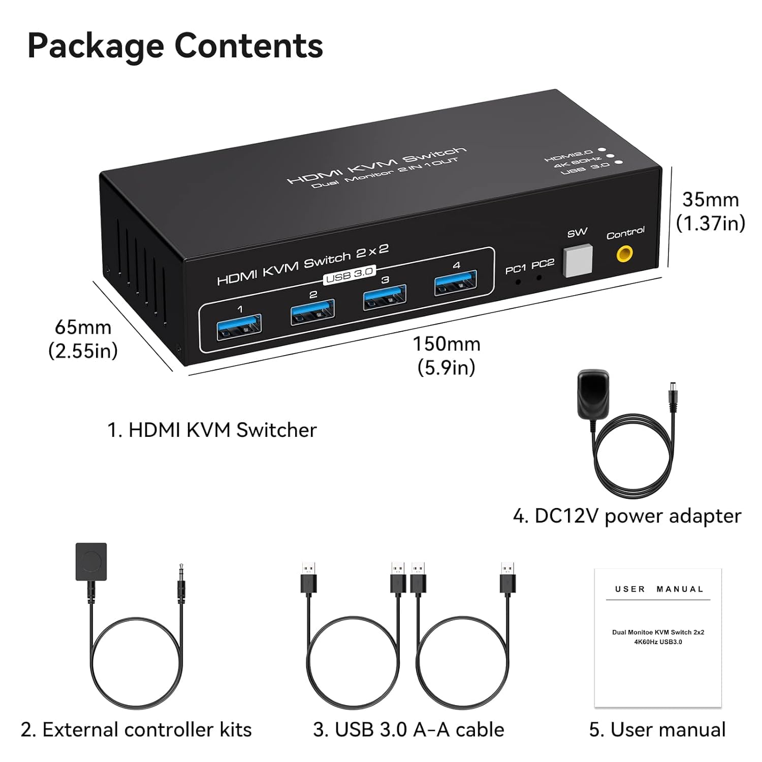 VPFET HDMI KVM Switch 2 PC 2 Monitore 4K60Hz KVM Switches Dual Monitore mit 4 USB Ports Unterstützung Kopieren und Erweiterte Anzeige und Desktop Steuerung Inklusive 2 USB3.0 Kabel