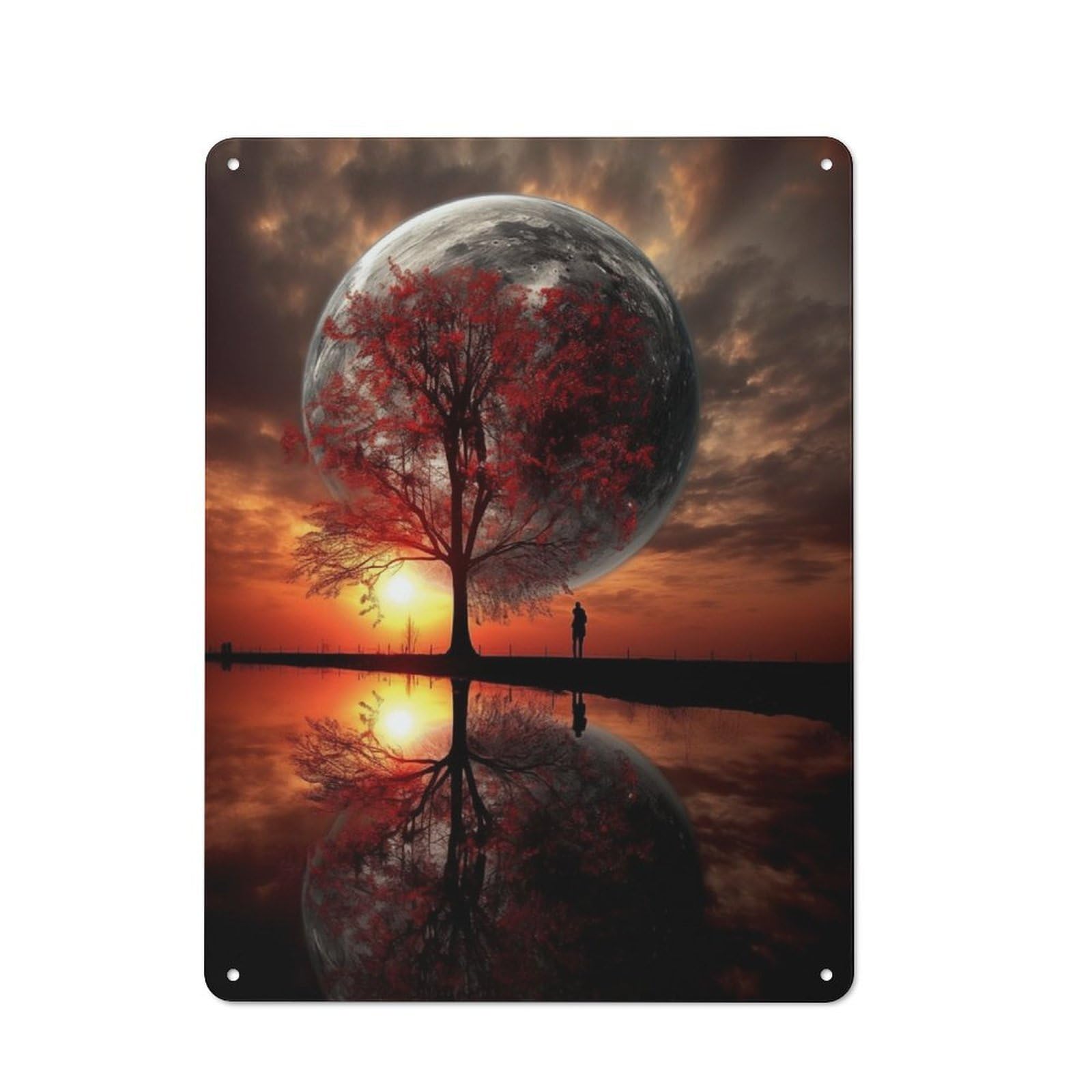 Junmoney Silhouette Tree And Giant Moon Decorative Tin Sign 40X30cm, Country Country Wall Plaque For Dining Room, Cafe, Entryway Or Family Room