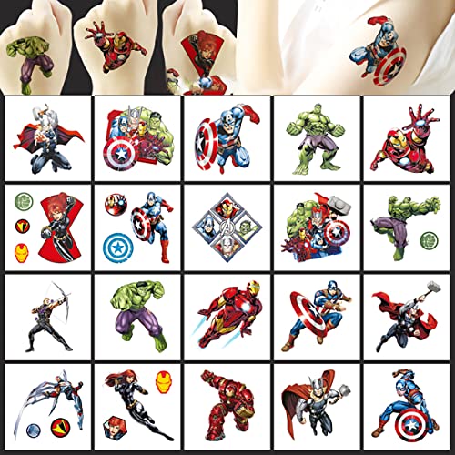 Lanseede Set di tatuaggi temporanei per bambini Marvel Avengers, 20 fogli di tatuaggi adesivi per sacchetti regalo per compleanno per bambini, pensierini per ragazze e ragazzi