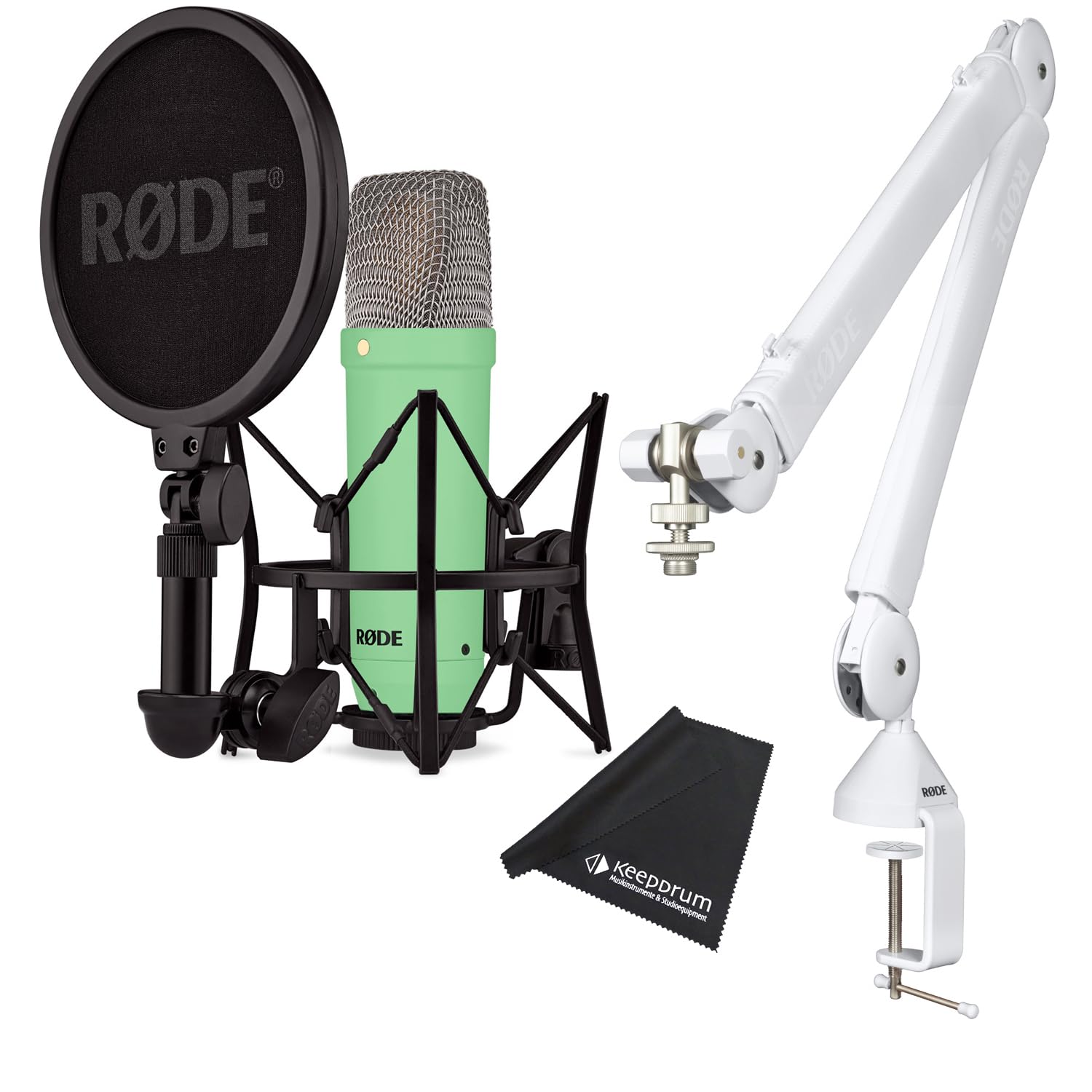 Rode NT1 Signature Green Studio-Mikrofon Grün + PSA1 W Plus Gelenkarm-Stativ White + keepdrum Mikrofasertuch