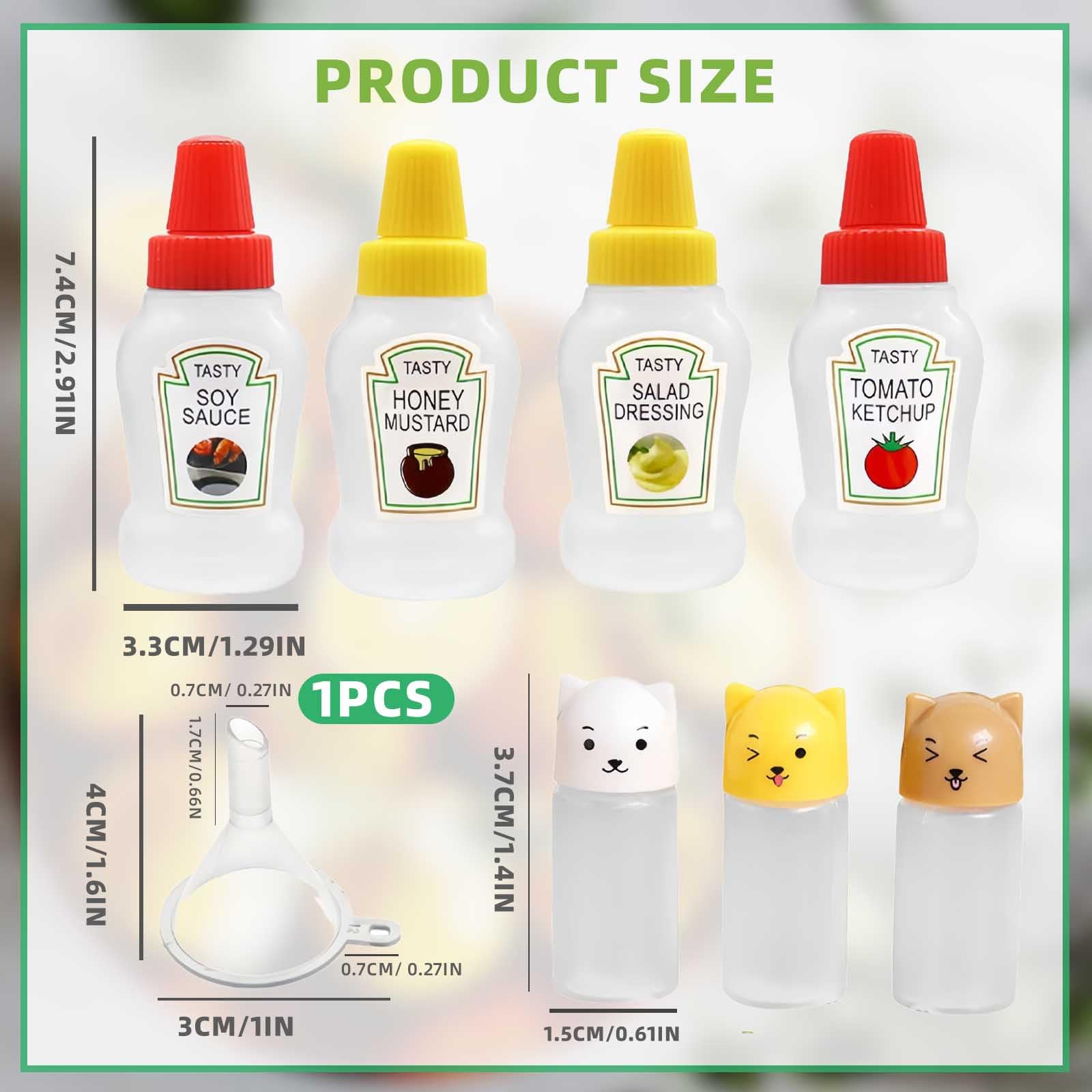 Botellas dispensadoras de condimentos, Set de 7 Botellas de plástico para Salsas, 4 x 25 ml y 3 x 10 ml con Mini Embudo, Tapas Rojas y Amarillas, portátiles para Picnic Oficina Almuerzo