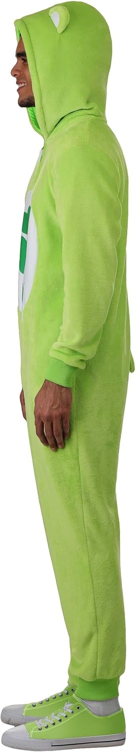 Care Bears Good Luck Bear Costume Jumpsuit | Adult Hooded Fleece Outfit with Clover Design for Halloween Cosplay