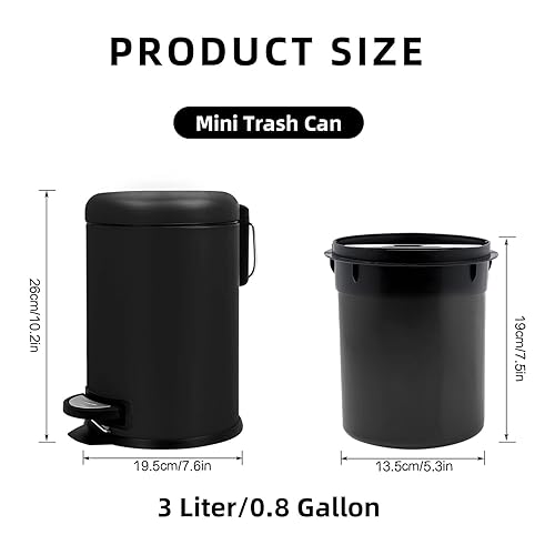 Miniatura 2 de Cubo de basura pequeño con pedal de pie, cubo de basura de baño de 0.8 galones con tapa de cierre suave, cubo de basura redondo de acero inoxidable