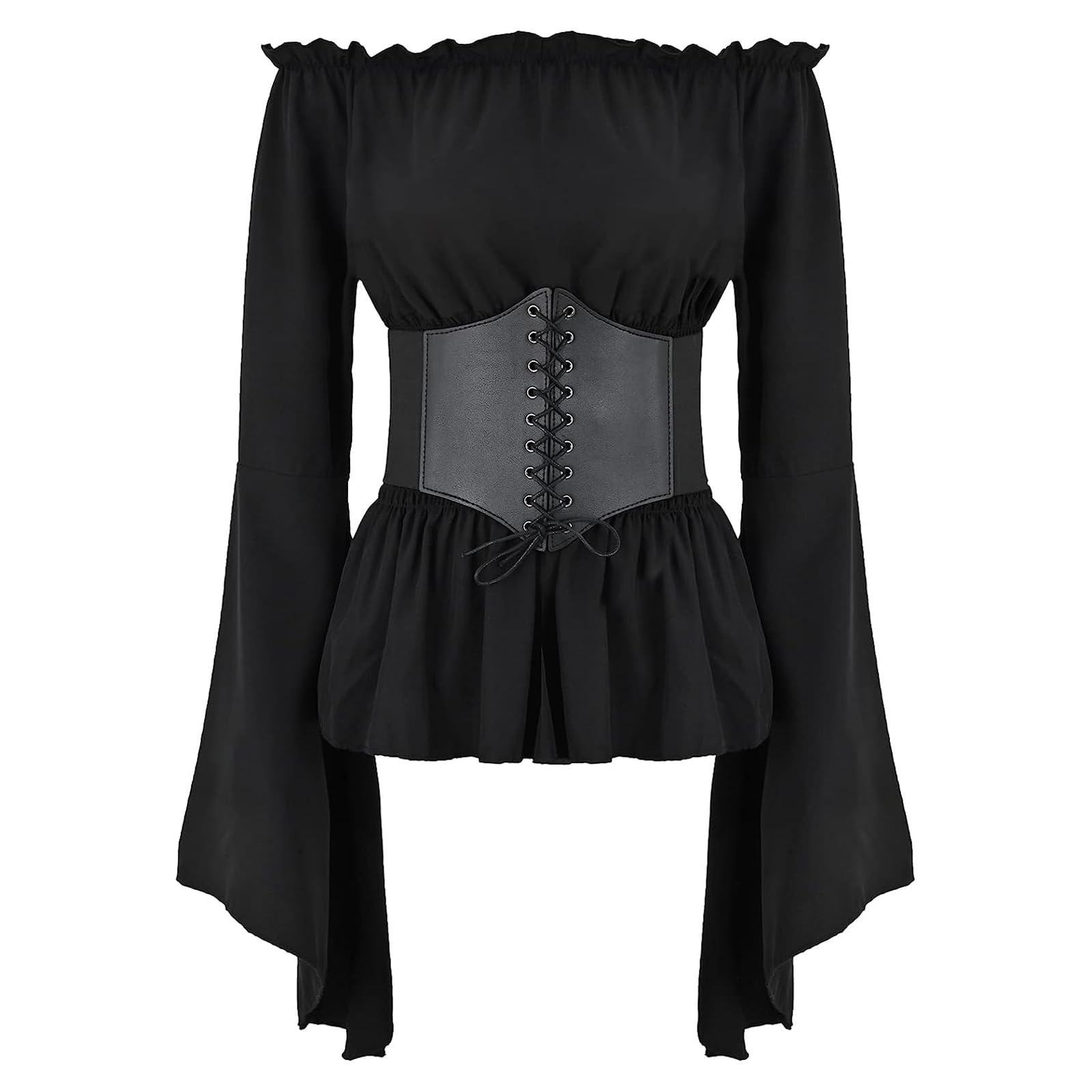 Women Renaissance Top Medieval Blouse Bell Sleeve Off Shoulder Gothic Voctrian Shirt with Corset Waist Belt Fancy Pirate Halloween Costume