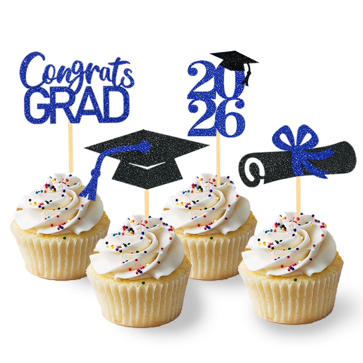 24Pcs Graduation Cupcake Toppers, Graduation Cupcake Picks for Cupcake Food Decorations - Class of 2026 Graduation Cupcake Toppers Supplies (Black & Bleu-2026)
