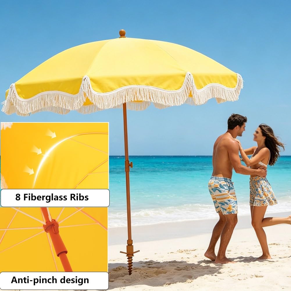 Żółty Parasol Plażowy 200 cm z Kotwicą do Piasku, Parasol Ogrodowy z Frędzlami, Przycisk Nachylenia i Słupkiem o Regulowanej Wysokości