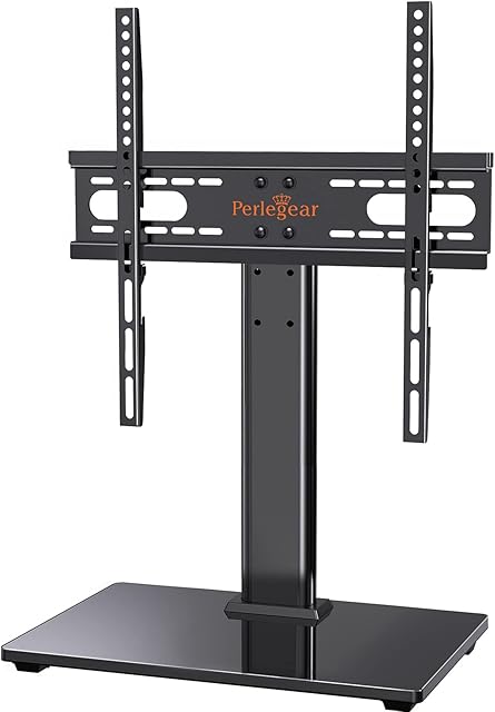 Perlegear Universal Table Top Pedestal TV Stand for 32"-55" LED Plasma Flat Curved Screens, Height Adjustable TV stand with Tempered Glass Base & Cable Management, Holds 40 KG Max.VESA 400x400mm