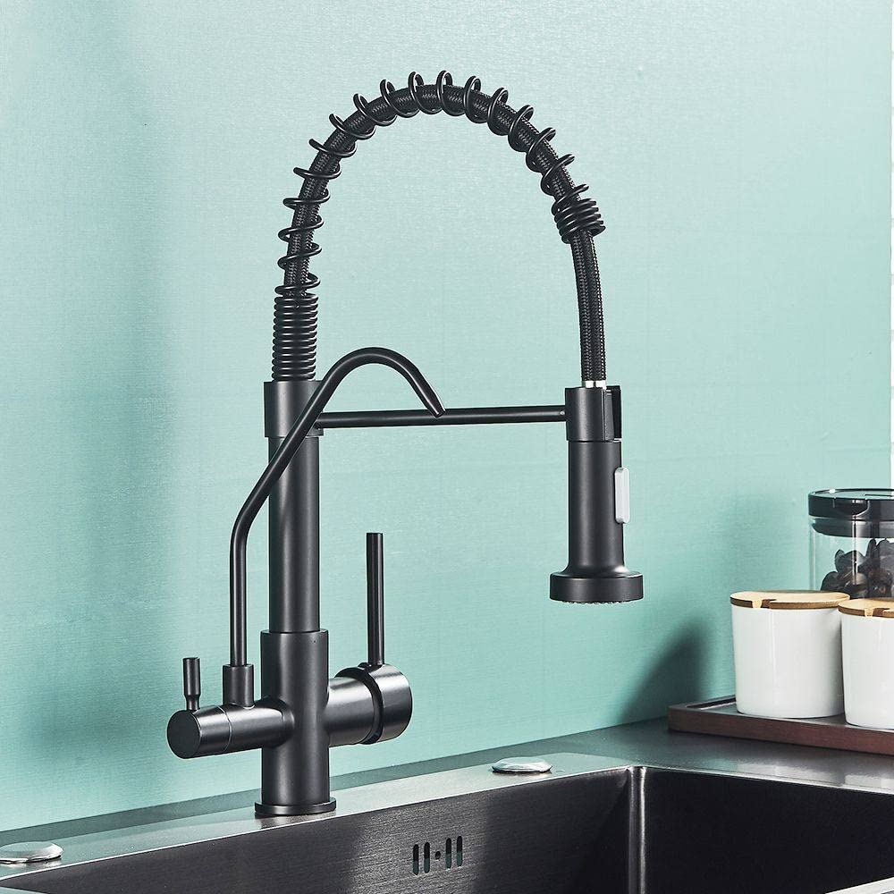 Robinet de cuisine noir mat extractible, mitigeur eau potable chaude froide et eau pure