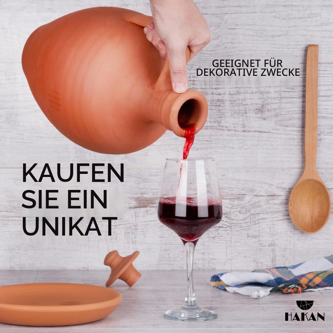 Hakan Anadolu Wasserkrug-Set aus natürlichem Ton | Unglasierte Terrakotta-Wasserkaraffe & Teller | Traditioneller kleiner Schlammkrug | Töpferkrug für Trinkwasser (Klein – 1,5 l)