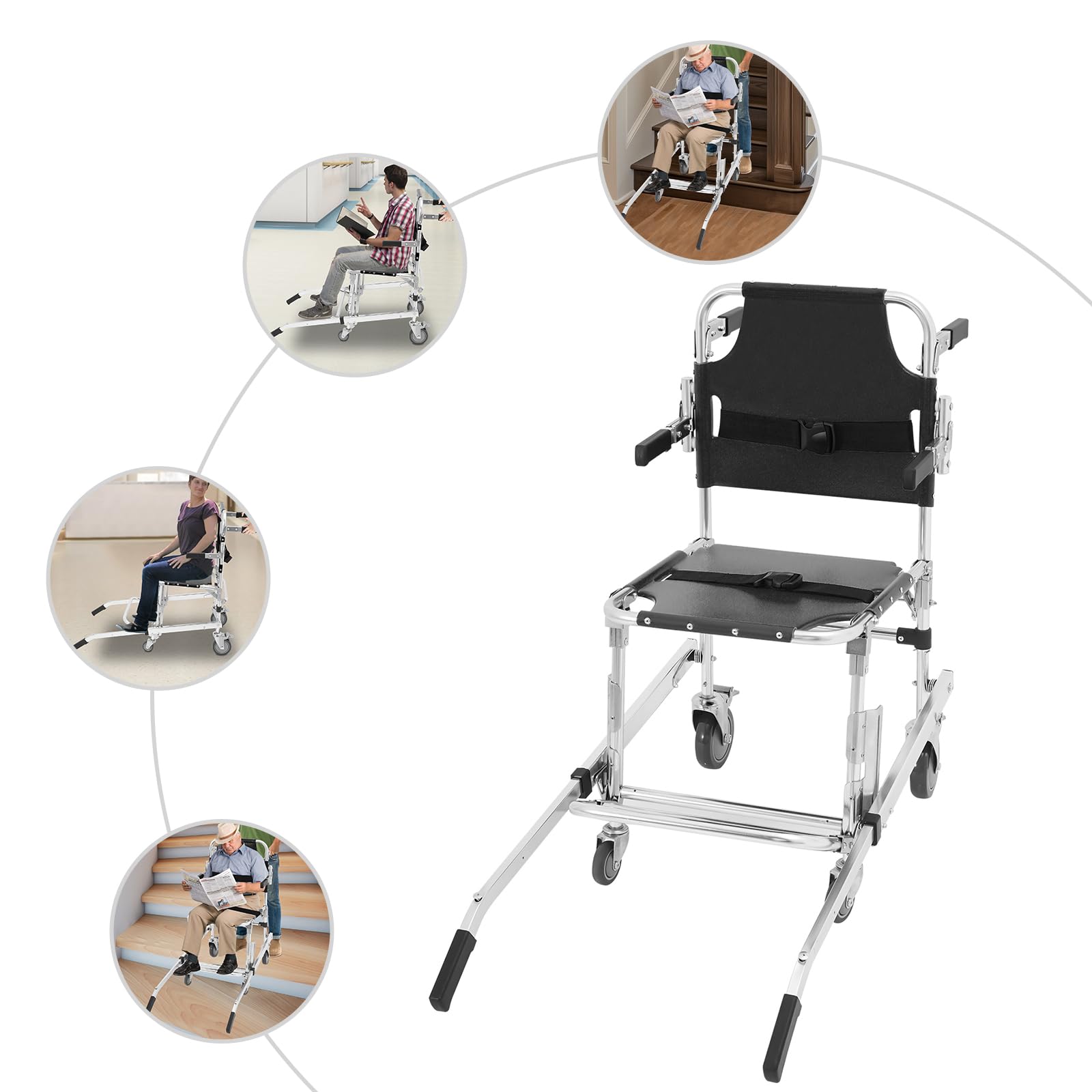 Silla de escalera plegable de aleación de aluminio, 159 kg, capacidad de carga, silla de emergencia, con 4 ruedas universales, 2 cinturones de seguridad, silla de rescate plegable