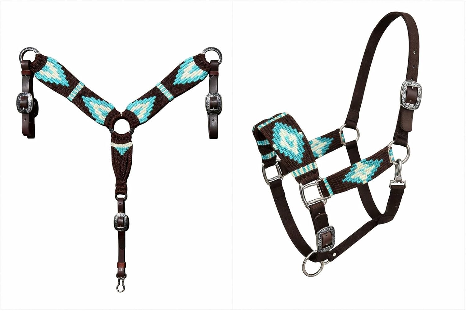 Cheval’s Nylon Mohair Wool Horse Halter & Western Mohair Breast Collar Set – Handmade Adjustable Durable & Comfortable Equestrian Tack for Training, Trail Riding -Multi Stripe Brown, Pony