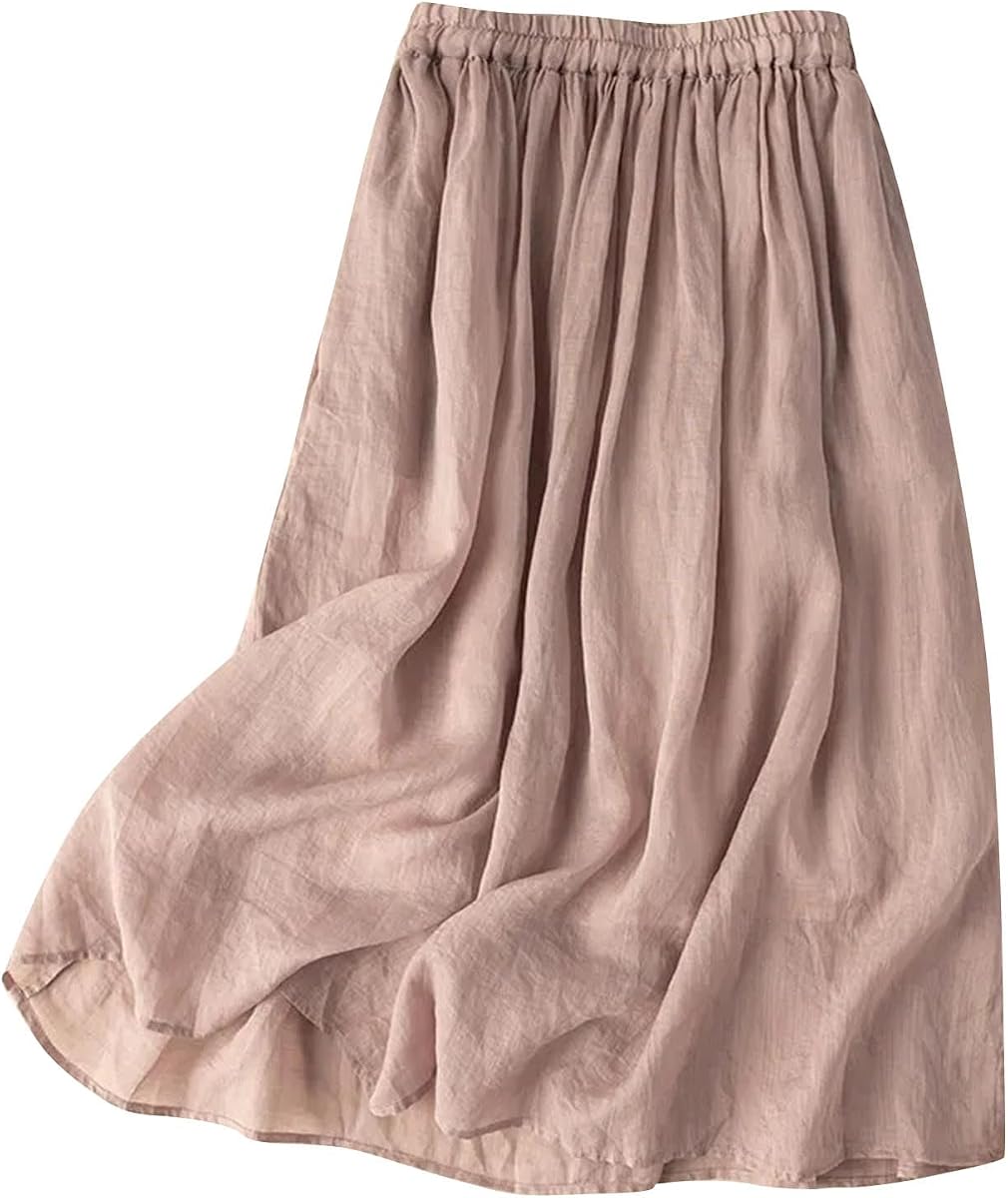 Maxi Skirts for Women Cotton Linen Boho Casual Dressy Fashion Flowy Elastic High Waist A Line Long Skirt