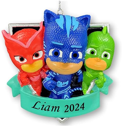 PJ Mask - Adorno de Navidad con licencia oficial de superhéroes, trío de amigos, decoración de árbol de Navidad con nombre personalizado