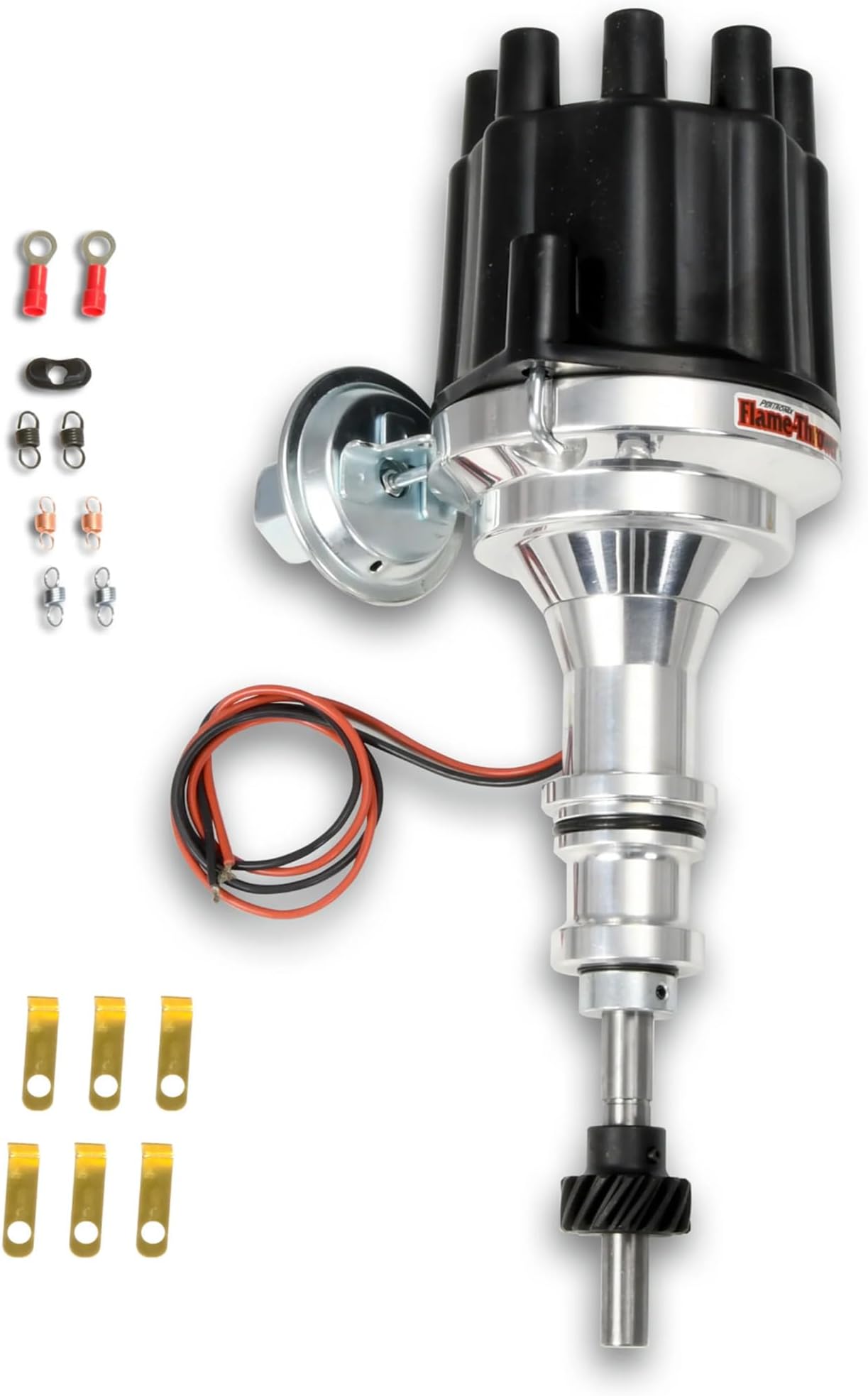 PerTronix Flame-Thrower Billet Electronic Ignition Distributor with Ignitor II - Plug and Play Distributor for Ford Small Block Engines, Vacuum Advance, Black Female Cap - D130700