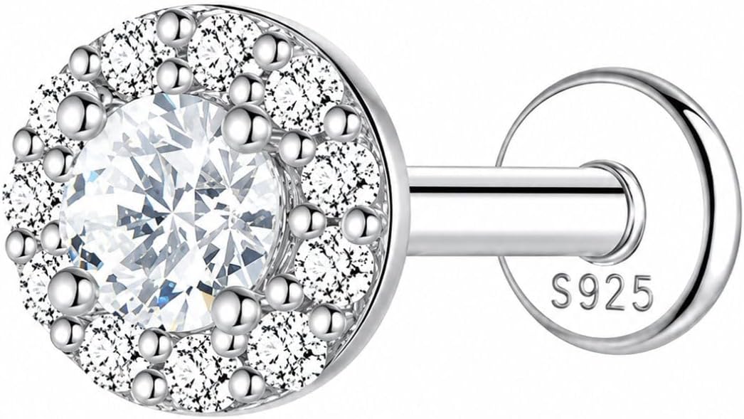 Moissanite Cartilage Earring S925 Sterling Silver Flat Back Labret Stud Internally Threaded Jewelry for Tragus Helix Conch Lip Ring 16G 6mm for Women Men, D Color