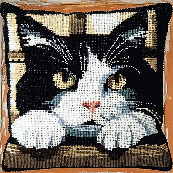 Knüpfkissen Set Schwarz-Weiße Katze 43x43cm - DIY Knüpfteppich Set Für Anfänger